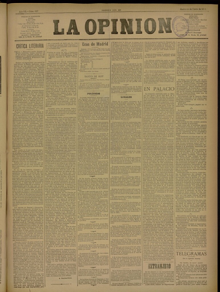 Miniatura de La Opinión del 24 de enero de 1888, nº 617