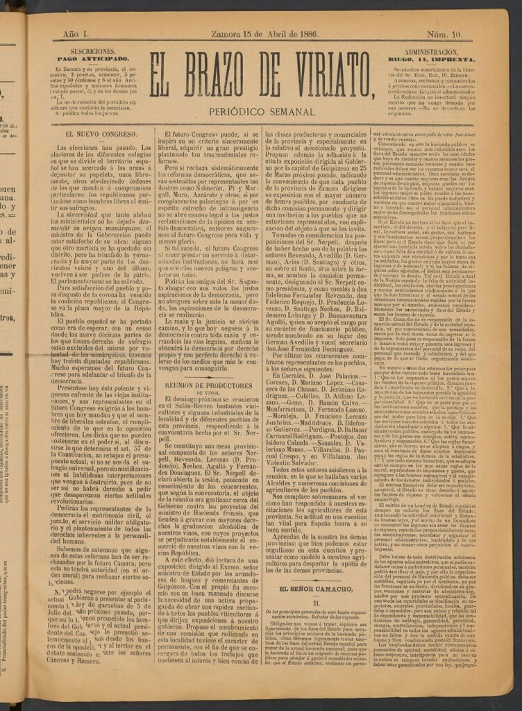 Miniatura de El Brazo de Viriato : periódico semanal del 15 de abril de 1886