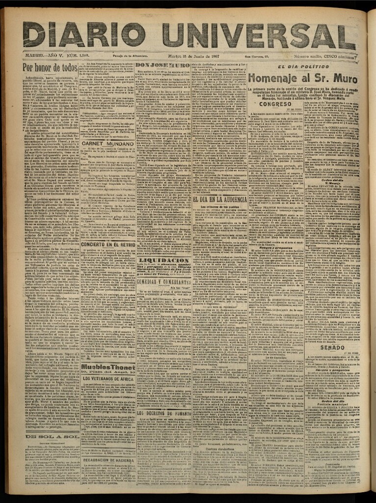 Miniatura de Diario Universal del 18 de junio de 1907, edición de noche