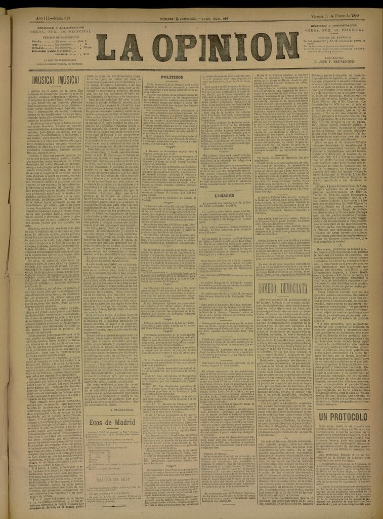 Miniatura de La Opinión del 27 de enero de 1888, nº 619
