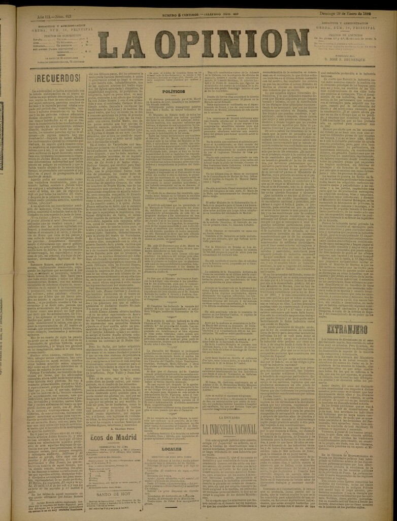 Miniatura de La Opinión del 29 de enero de 1888, nº 621