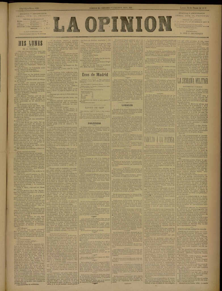 Miniatura de La Opinión del 30 de enero de 1888, nº 622