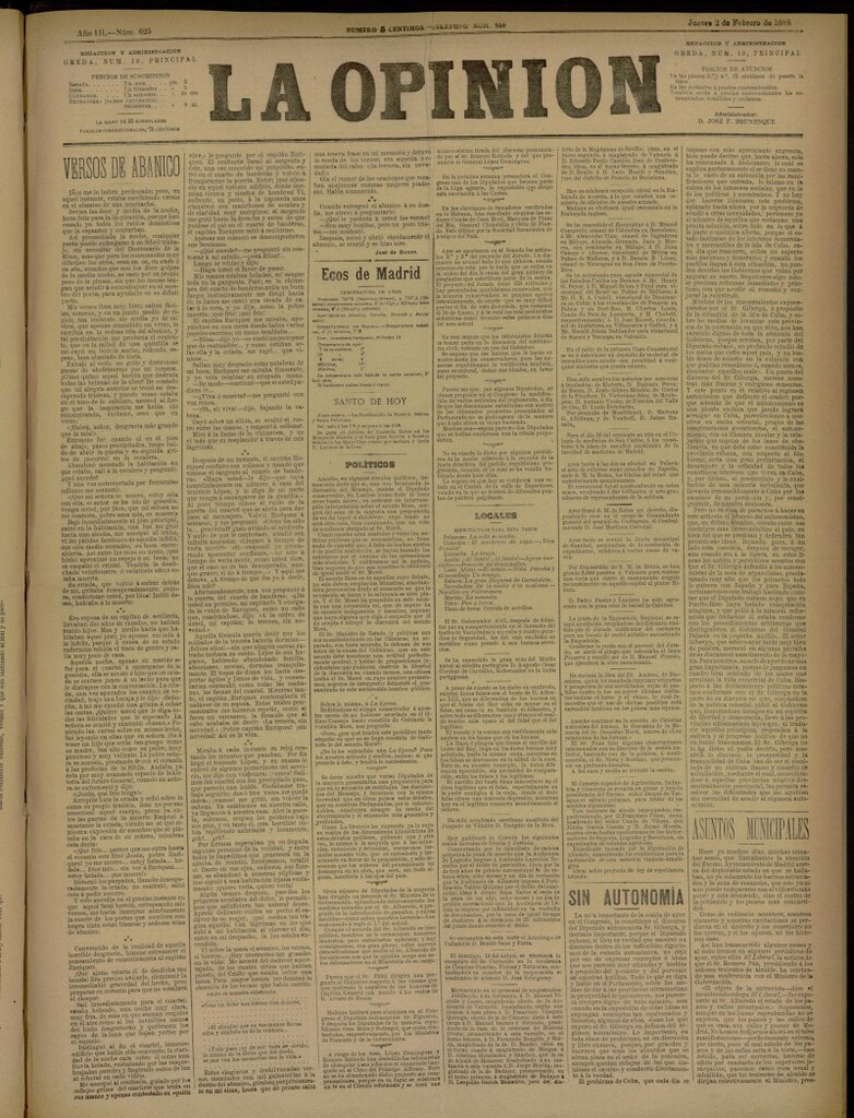 Miniatura de La Opinión del 2 de febrero de 1888, nº 625