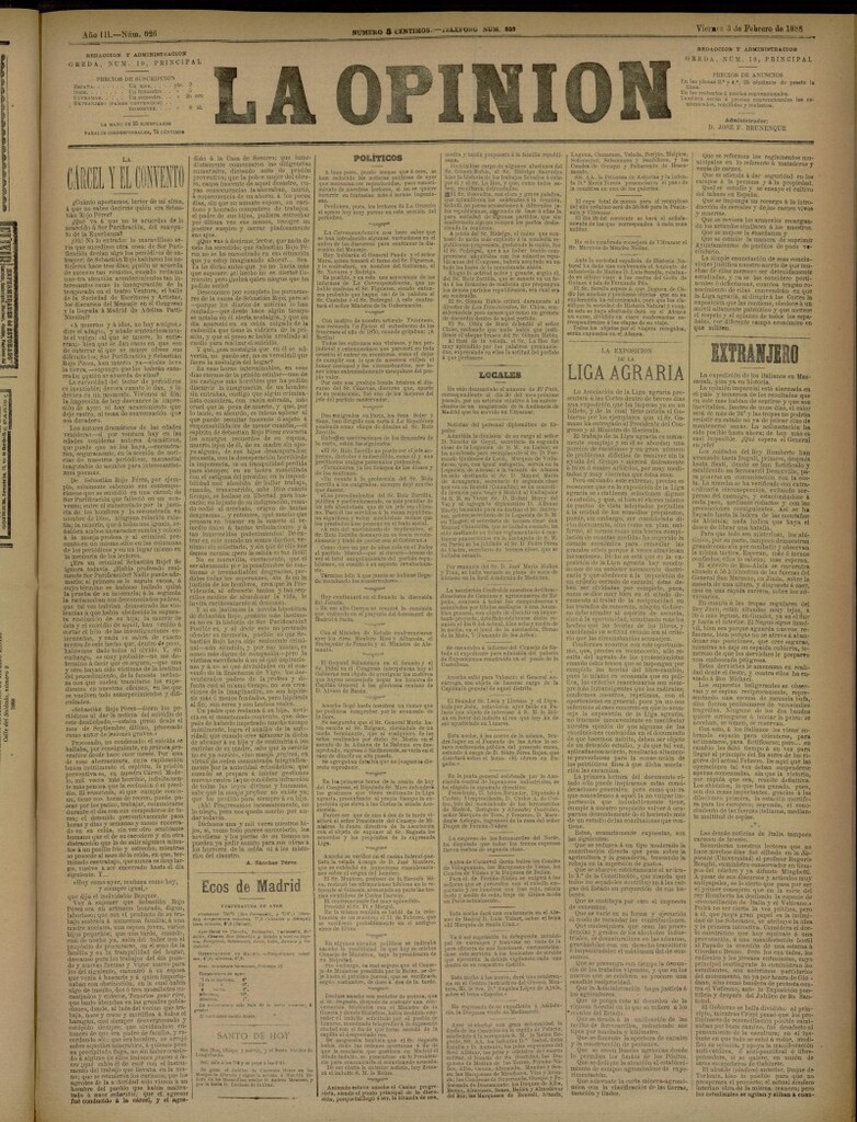Miniatura de La Opinión del 3 de febrero de 1888, nº 626