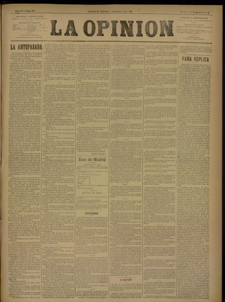 Miniatura de La Opinión del 4 de febrero de 1888, nº 627