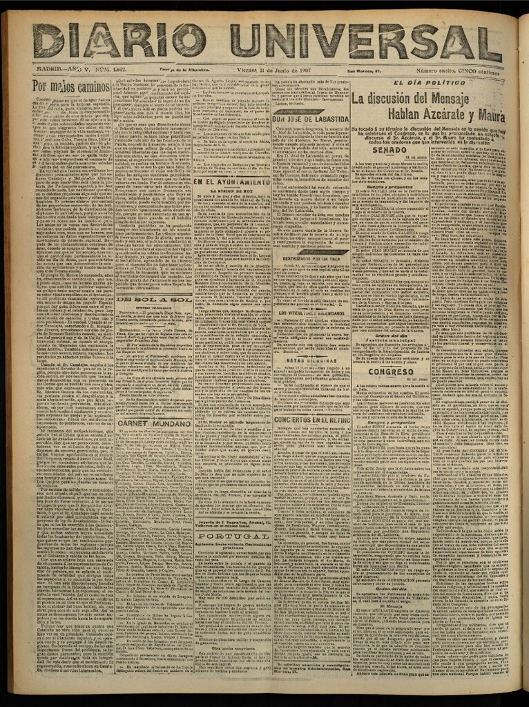 Miniatura de Diario Universal del 21 de junio de 1907, edición de noche