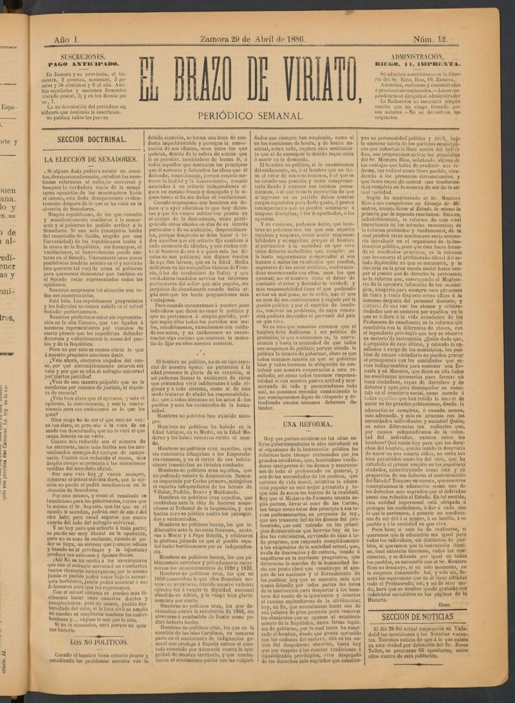 Miniatura de El Brazo de Viriato : periódico semanal del 29 de abril de 1886