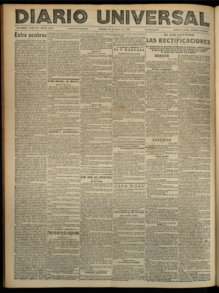 Miniatura de Diario Universal del 22 de junio de 1907, edición de noche