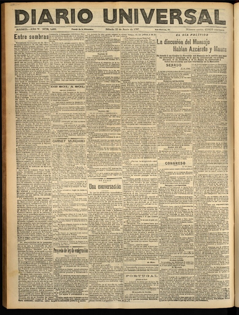 Miniatura de Diario Universal del 22 de junio de 1907, edición de tarde