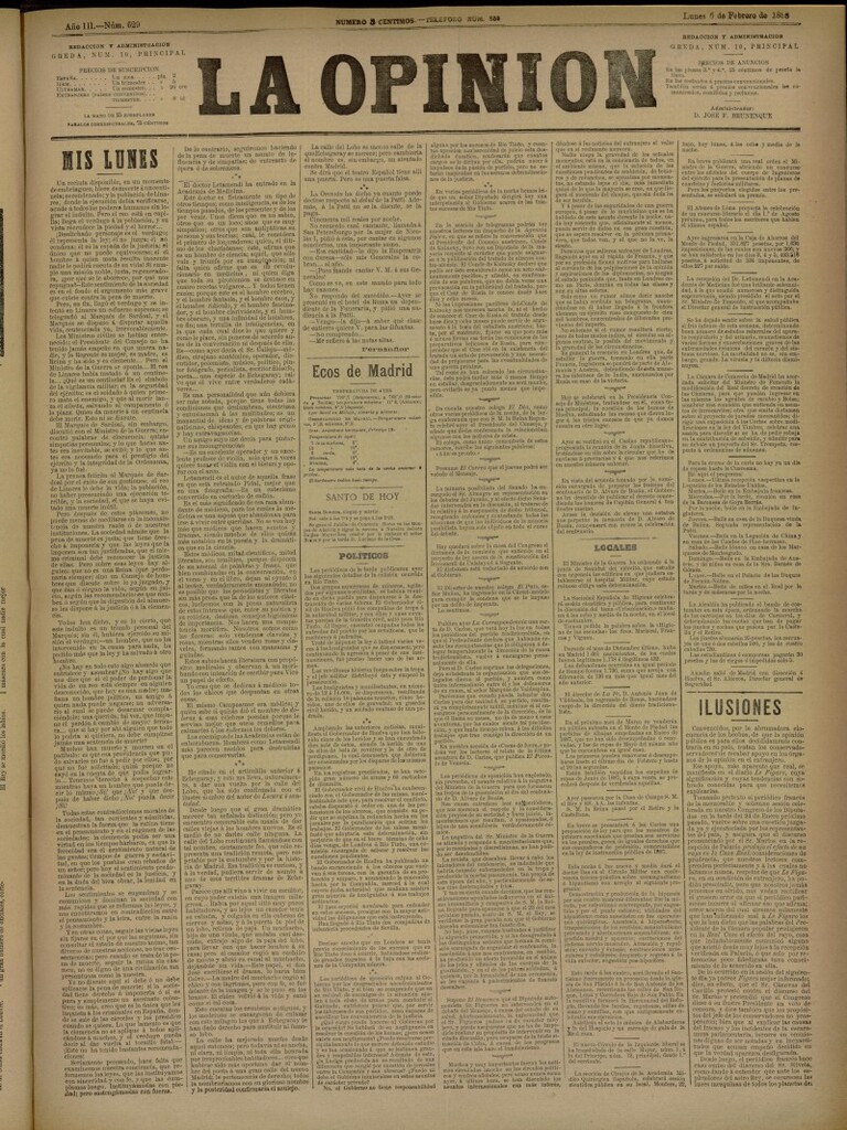 Miniatura de La Opinión del 6 de febrero de 1888, nº 629