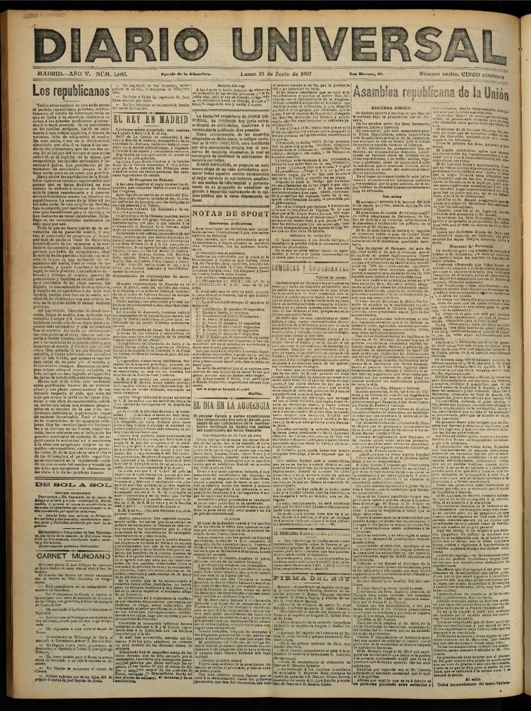 Miniatura de Diario Universal del 24 de junio de 1907, edición de noche