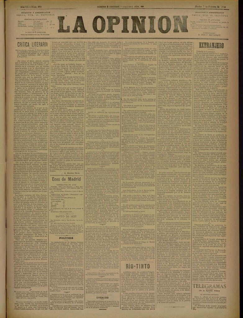 Miniatura de La Opinión del 7 de febrero de 1888, nº 630