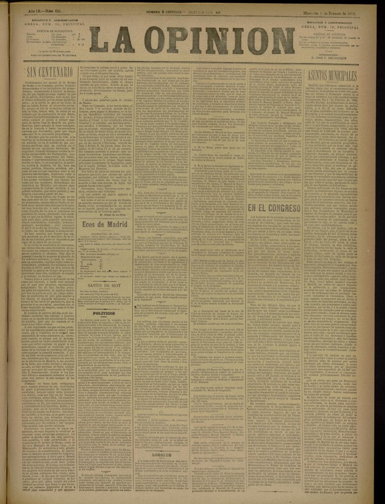 Miniatura de La Opinión del 8 de febrero de 1888, nº 631