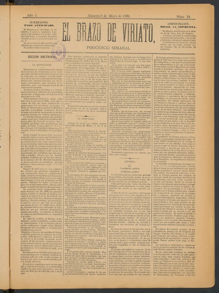 Miniatura de El Brazo de Viriato : periódico semanal del 6 de mayo de 1886