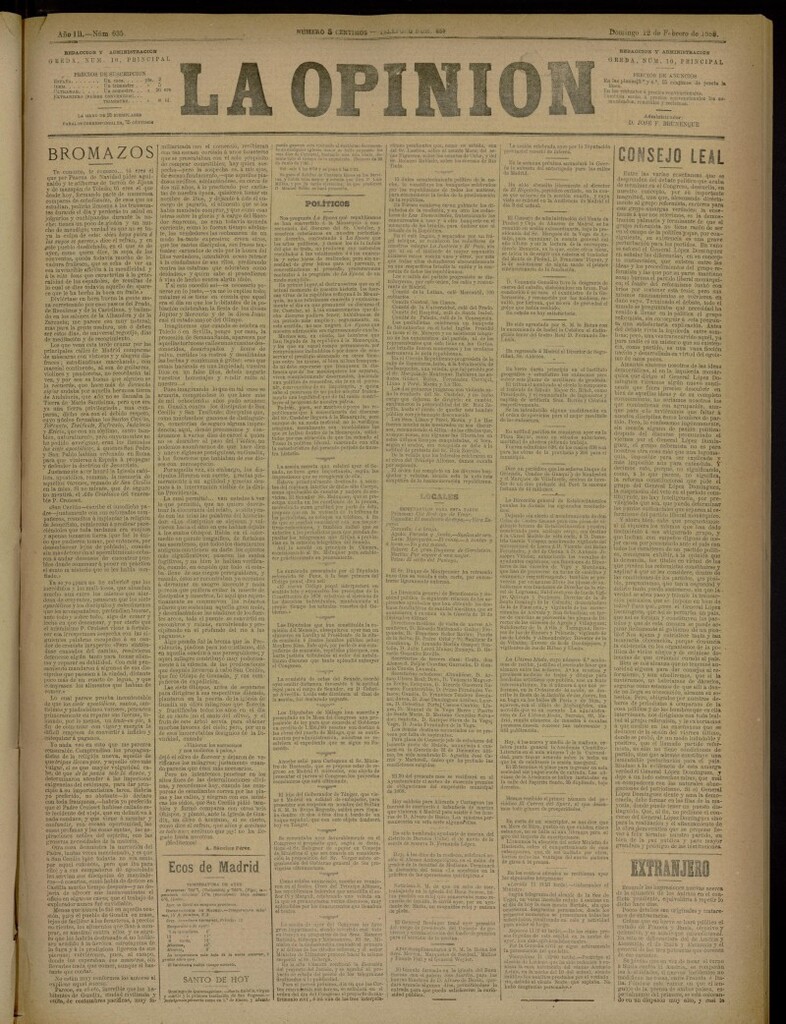Miniatura de La Opinión del 12 de febrero de 1888, nº 635