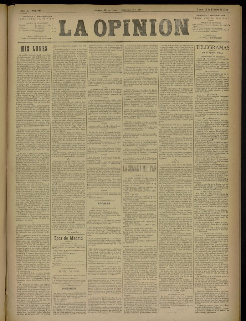 Miniatura de La Opinión del 13 de febrero de 1888, nº 636
