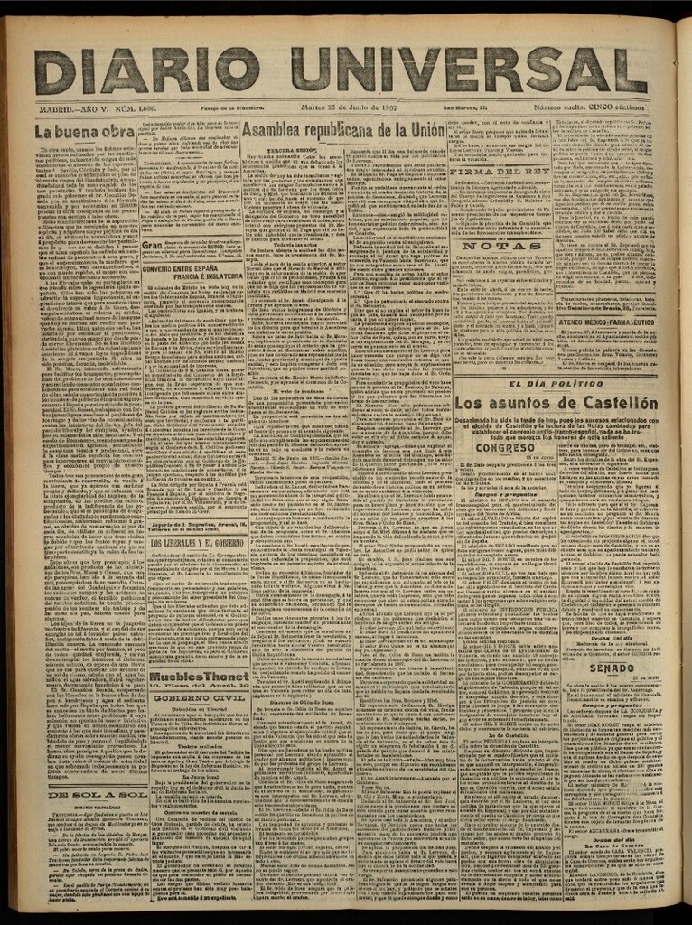 Miniatura de Diario Universal del 25 de junio de 1907, edición de noche