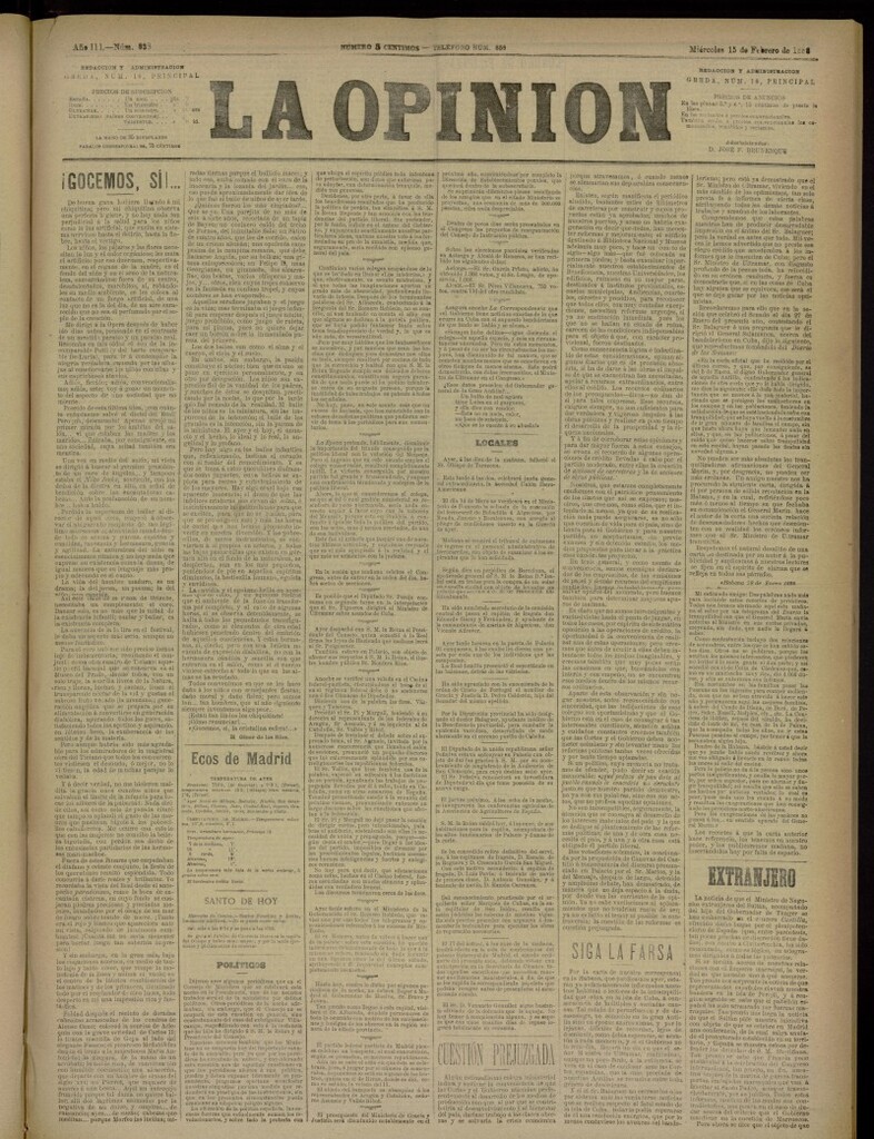 Miniatura de La Opinión del 15 de febrero de 1888, nº 638