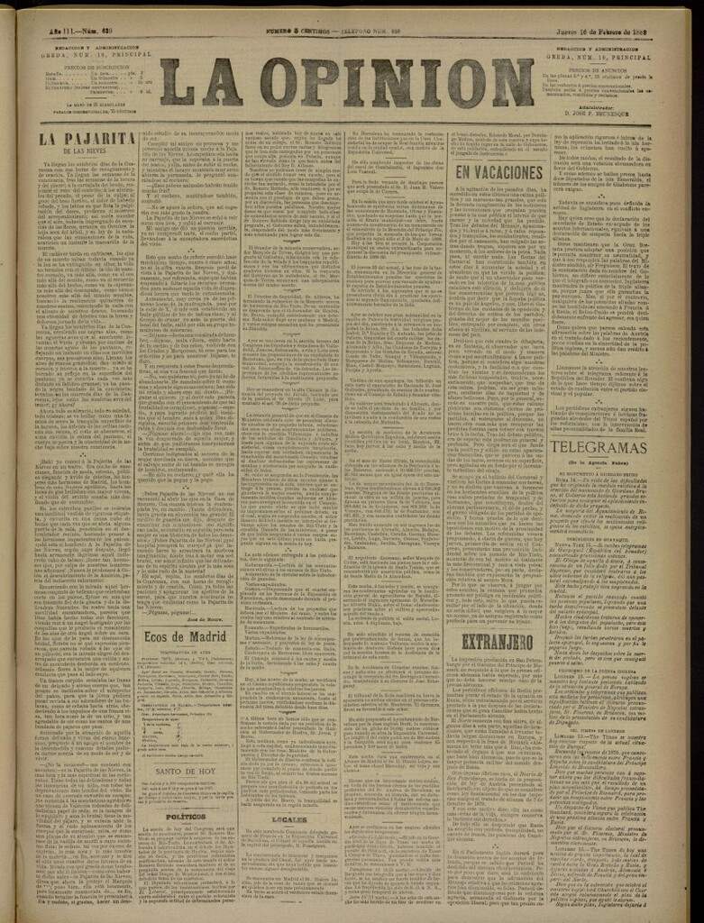 Miniatura de La Opinión del 16 de febrero de 1888, nº 639