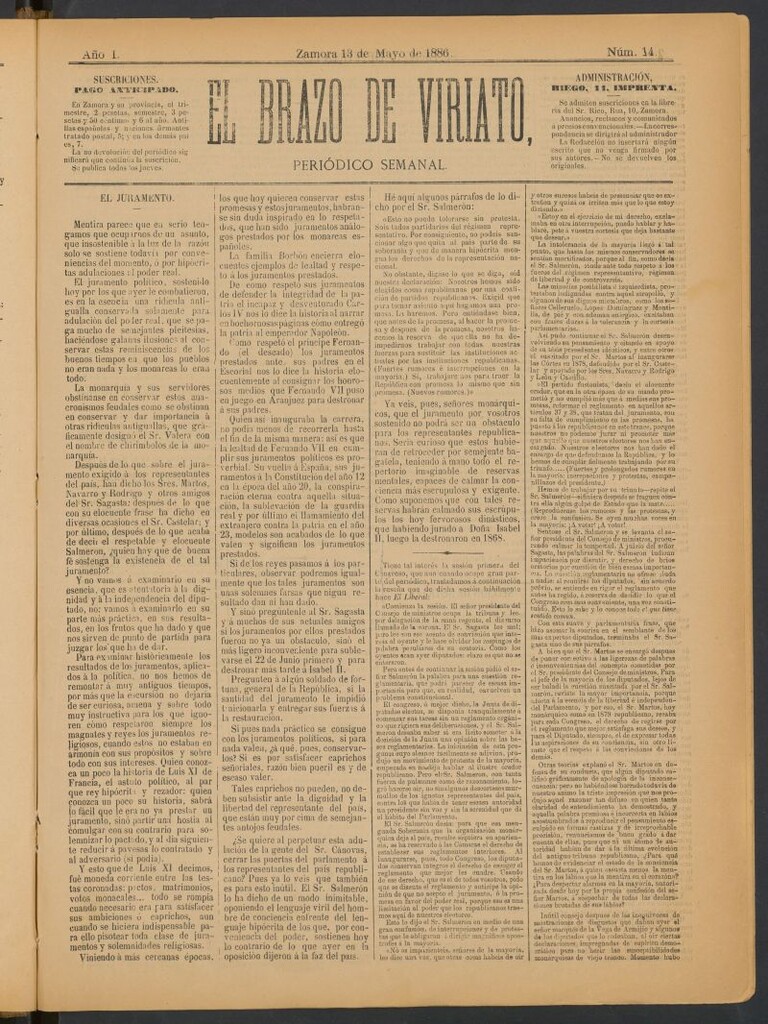 Miniatura de El Brazo de Viriato : periódico semanal del 13 de mayo de 1886