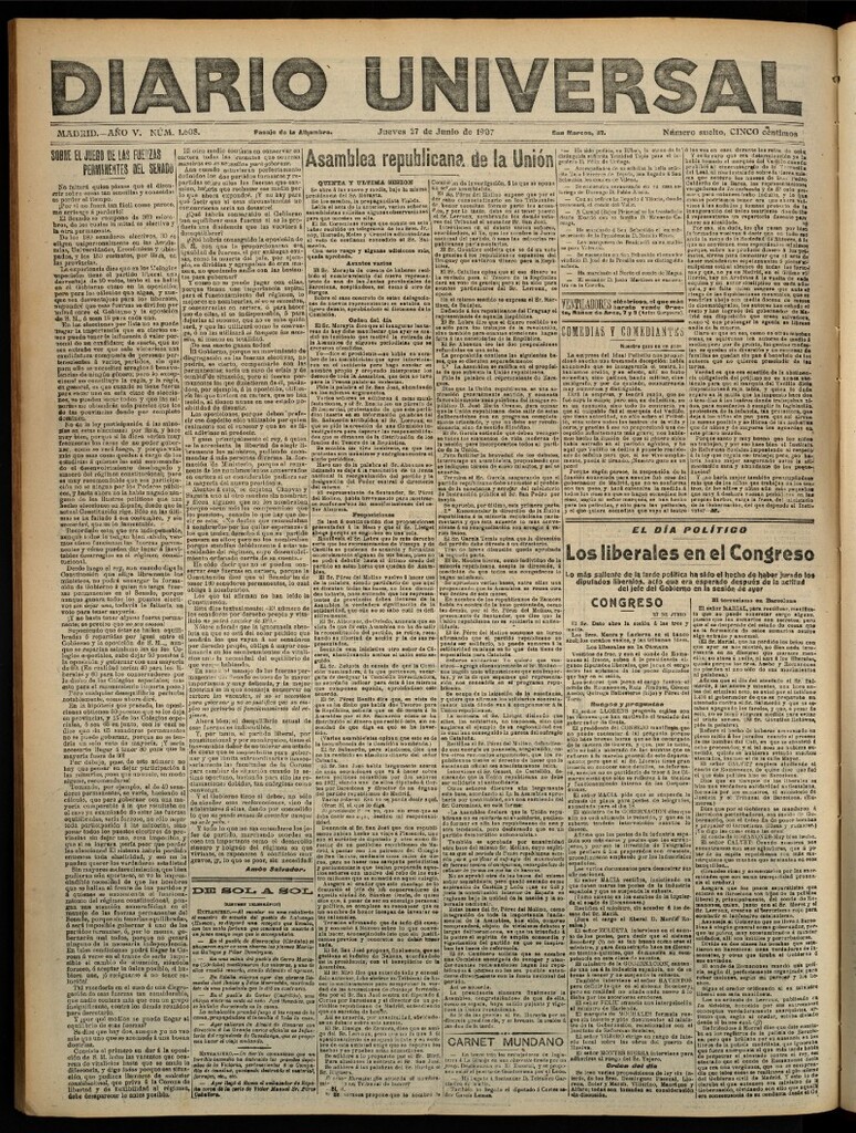 Miniatura de Diario Universal del 27 de junio de 1907, edición de noche