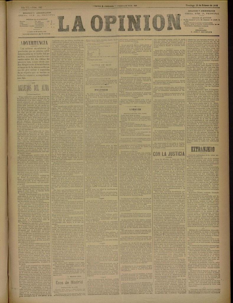 Miniatura de La Opinión del 19 de febrero de 1888, nº 642