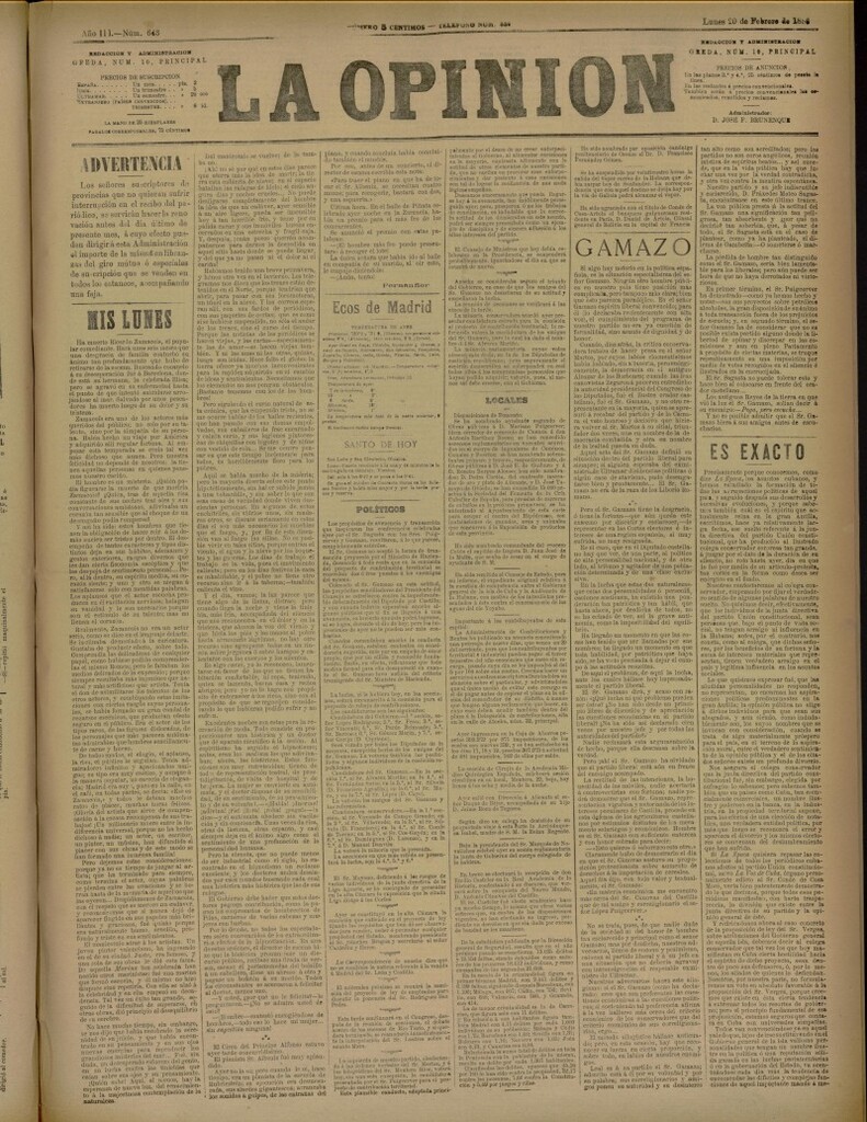 Miniatura de La Opinión del 20 de febrero de 1888, nº 643