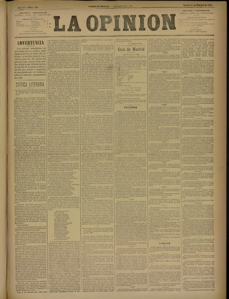 Miniatura de La Opinión del 21 de febrero de 1888, nº 644