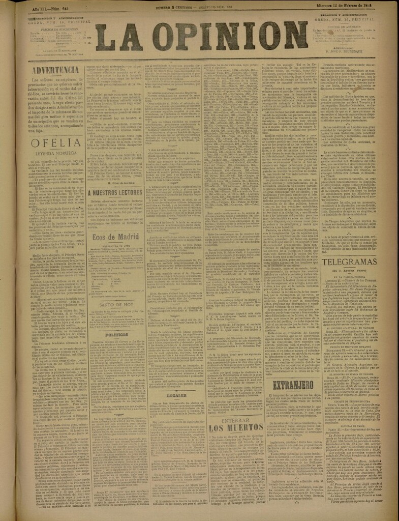 Miniatura de La Opinión del 22 de febrero de 1888, nº 645