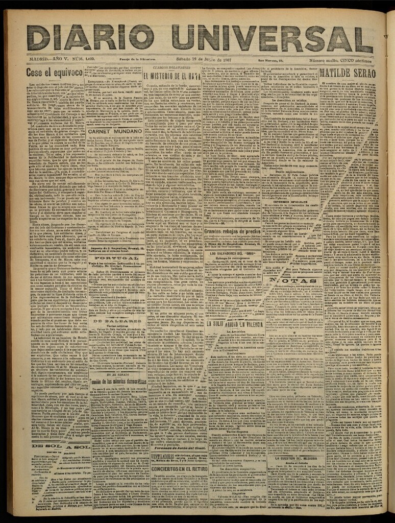 Miniatura de Diario Universal del 29 de junio de 1907, edición de noche