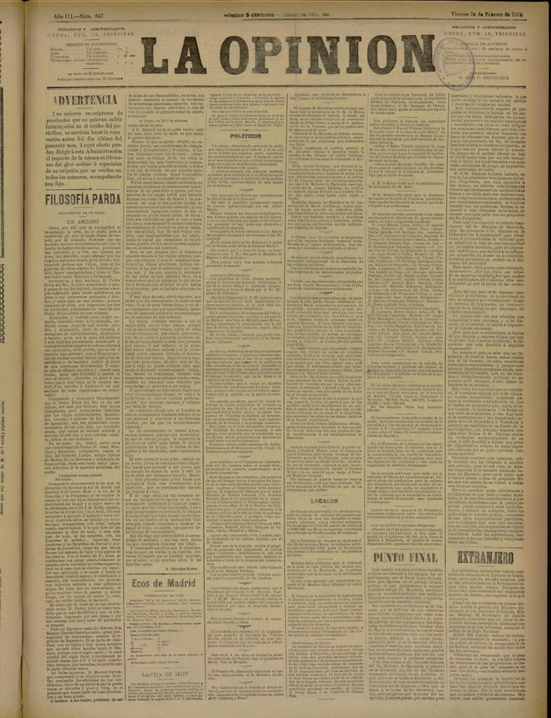 Miniatura de La Opinión del 24 de febrero de 1888, nº 647