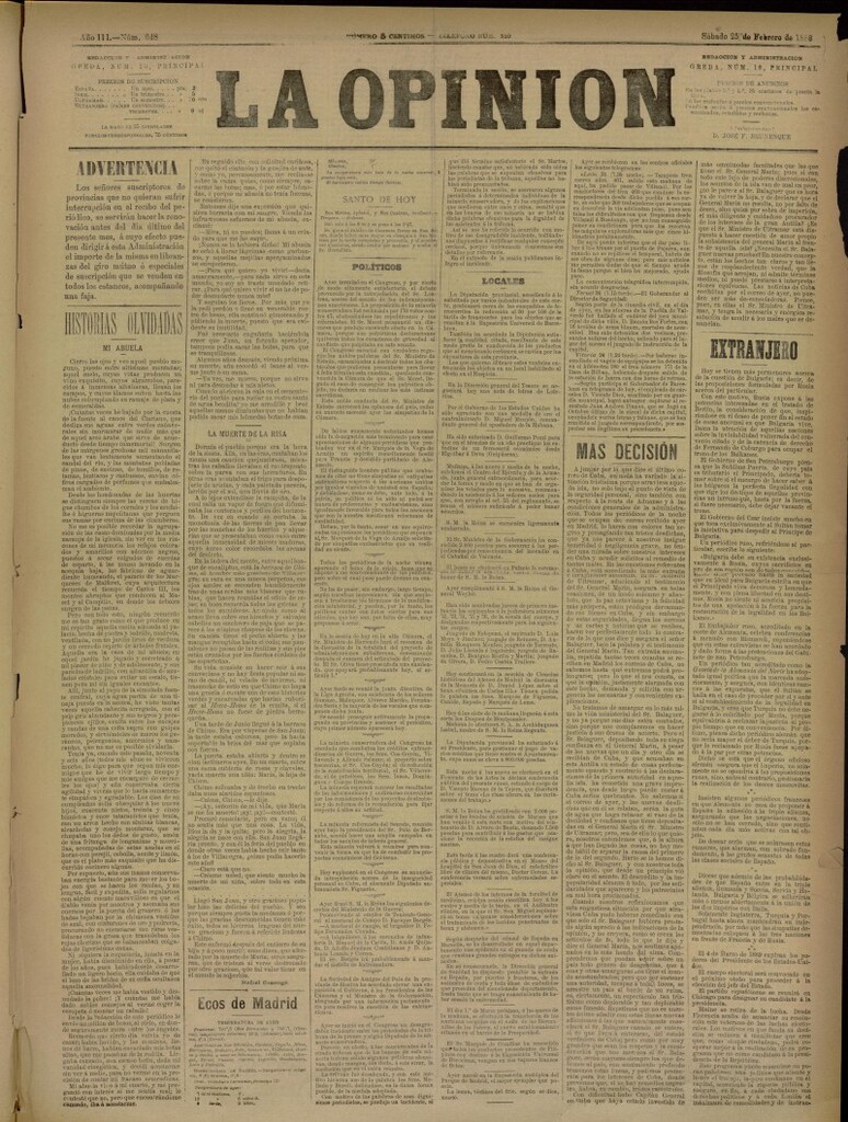 Miniatura de La Opinión del 25 de febrero de 1888, nº 648