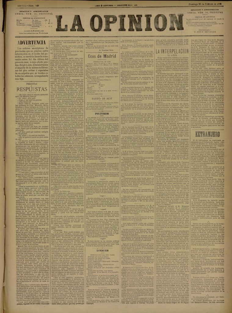 Miniatura de La Opinión del 26 de febrero de 1888, nº 649