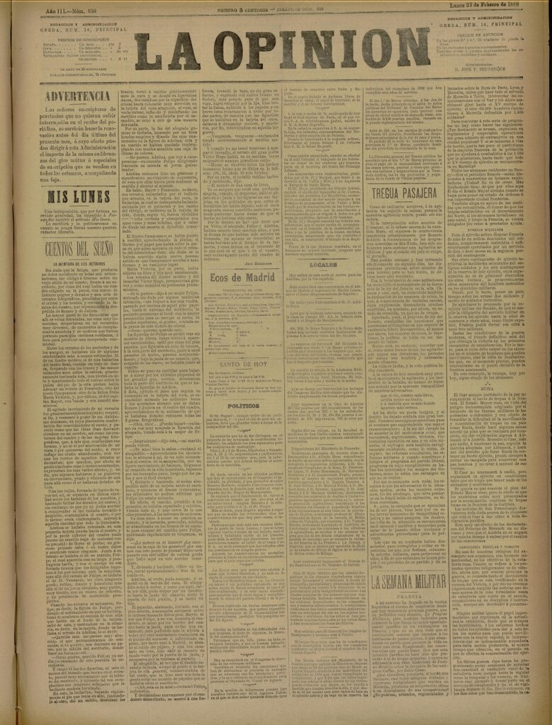 Miniatura de La Opinión del 27 de febrero de 1888, nº 650