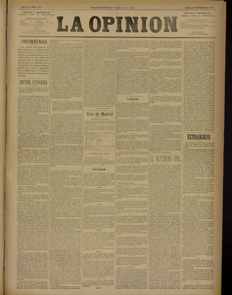 Miniatura de La Opinión del 28 de febrero de 1888, nº 651