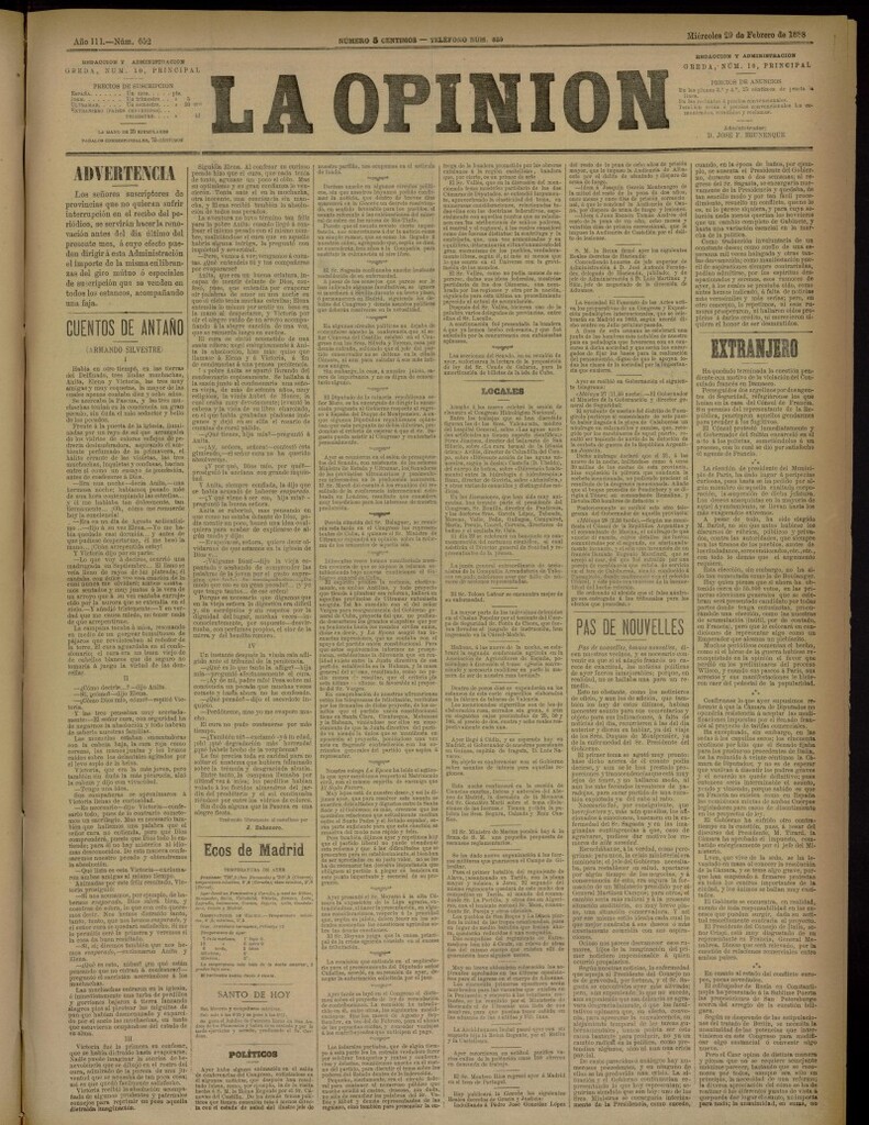 Miniatura de La Opinión del 29 de febrero de 1888, nº 652