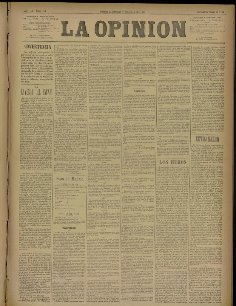 Miniatura de La Opinión del 2 de marzo de 1888, nº 654