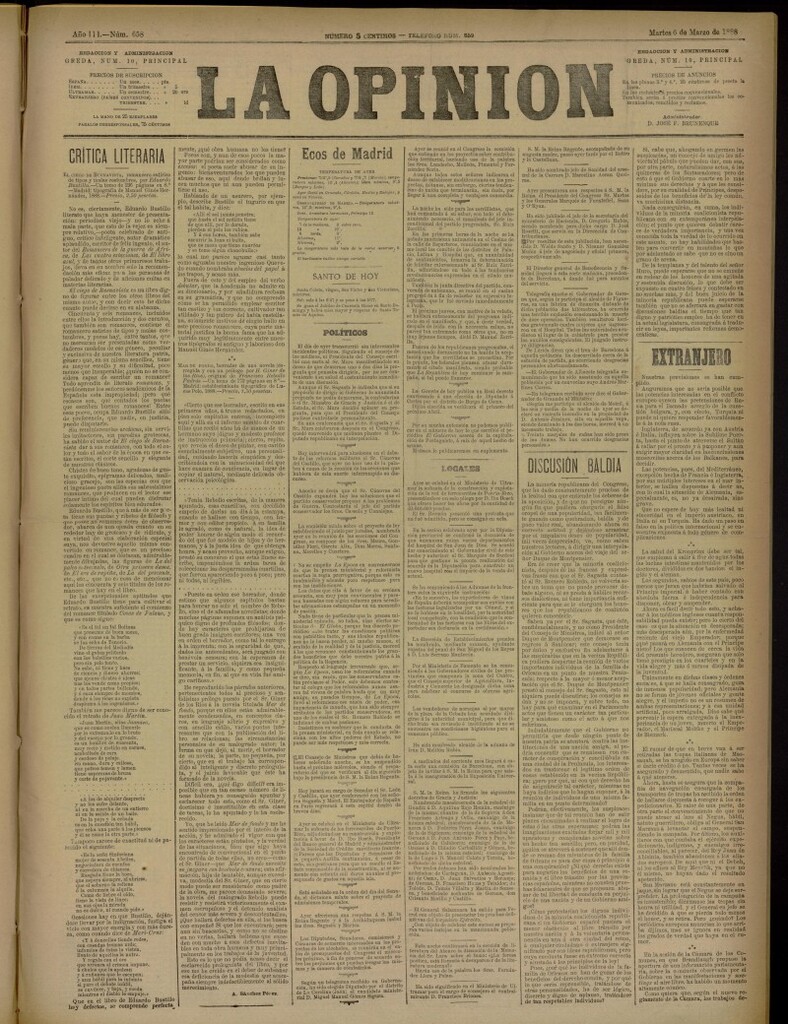 Miniatura de La Opinión del 6 de marzo de 1888, nº 658