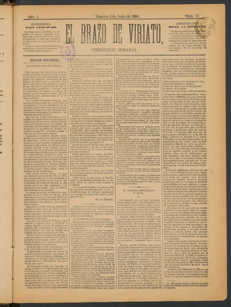 Miniatura de El Brazo de Viriato : periódico semanal del 4 de junio de 1886