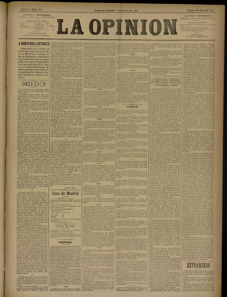 Miniatura de La Opinión del 9 de marzo de 1888, nº 661