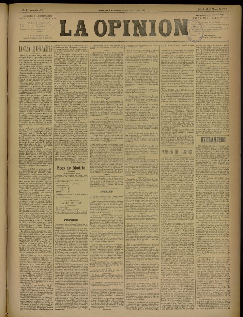 Miniatura de La Opinión del 17 de marzo de 1888, nº 669