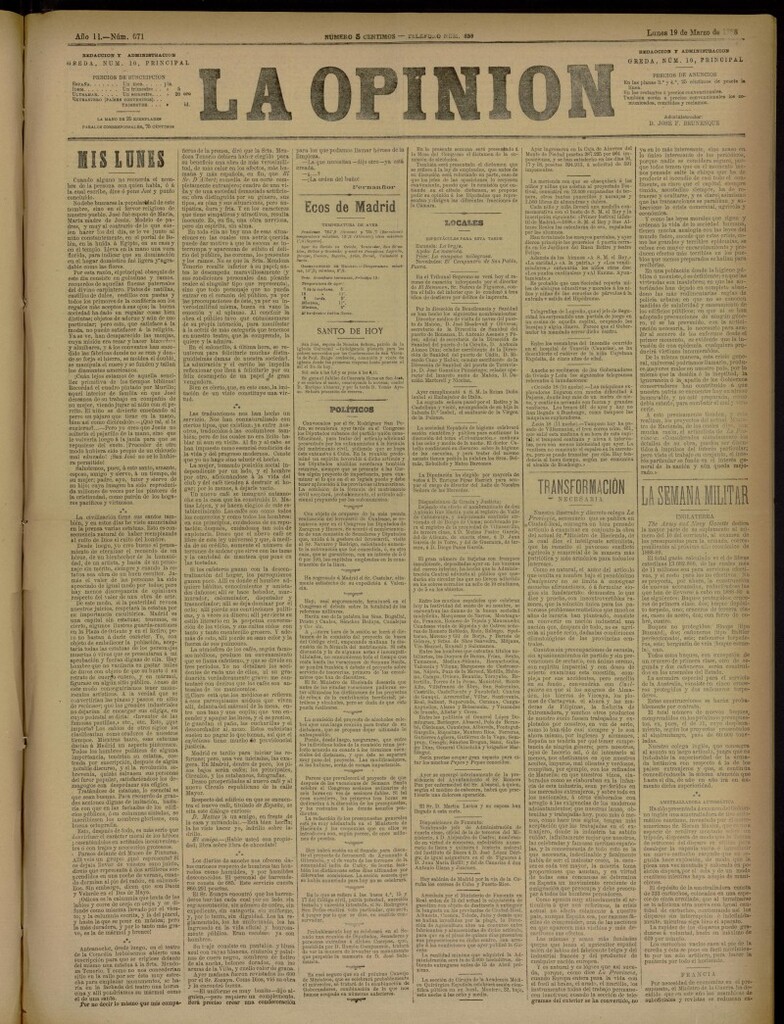 Miniatura de La Opinión del 19 de marzo de 1888, nº 671