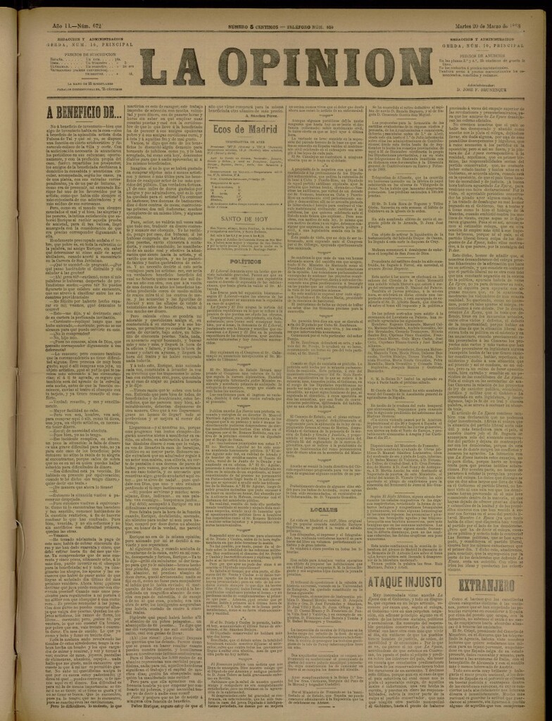 Miniatura de La Opinión del 20 de marzo de 1888, nº 672