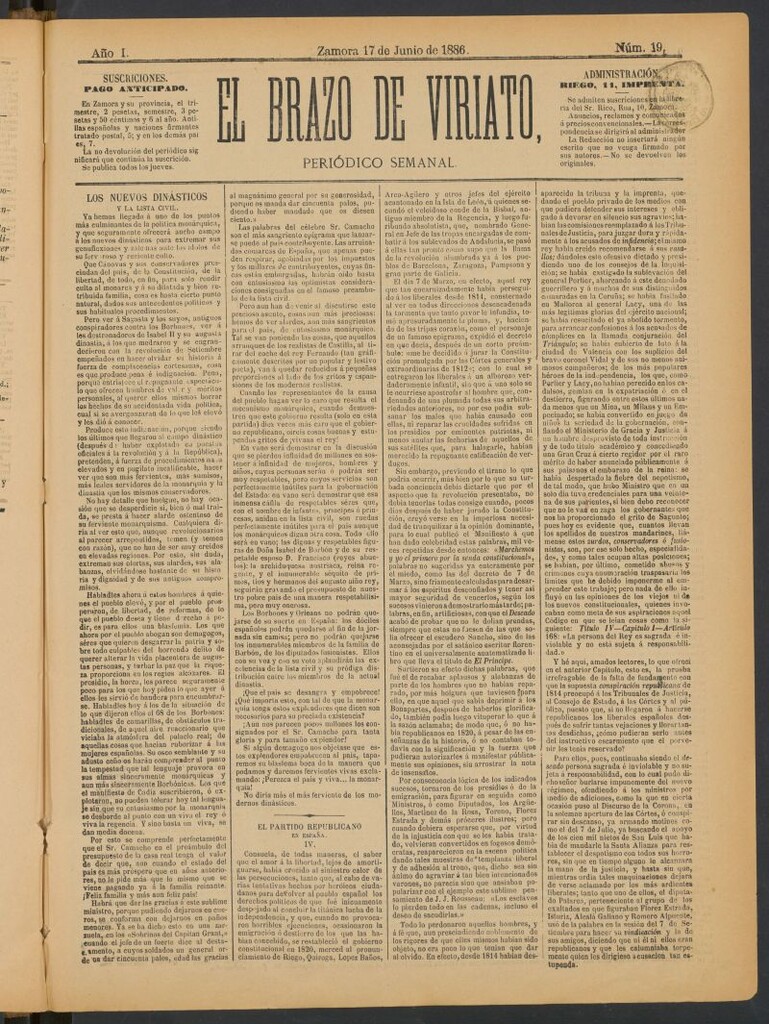 Miniatura de El Brazo de Viriato : periódico semanal del 17 de junio de 1886