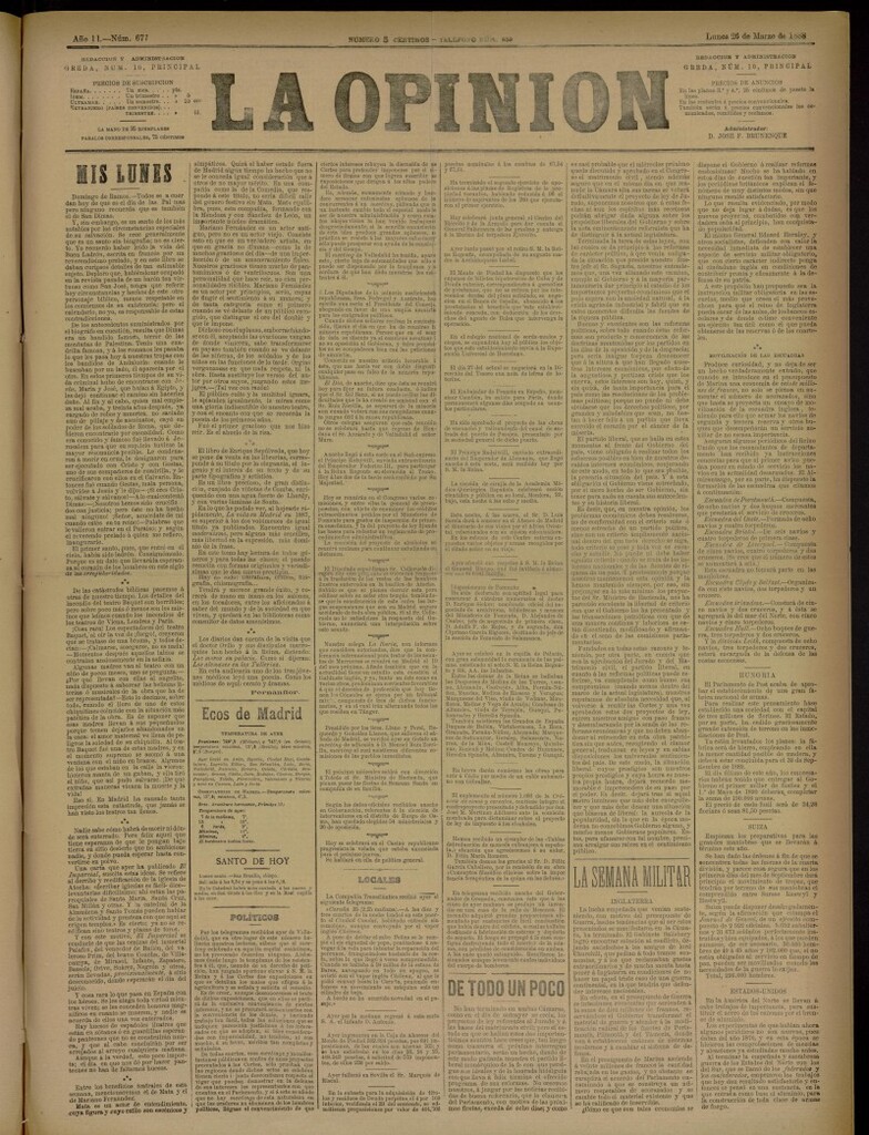 Miniatura de La Opinión del 26 de marzo de 1888, nº 677