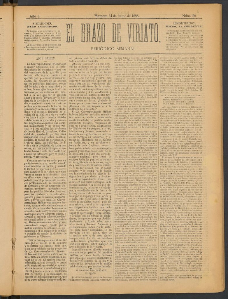 Miniatura de El Brazo de Viriato : periódico semanal del 24 de junio de 1886