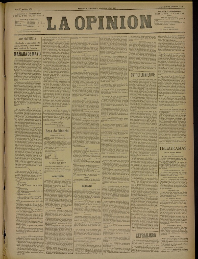 Miniatura de La Opinión del 29 de marzo de 1888, nº 679
