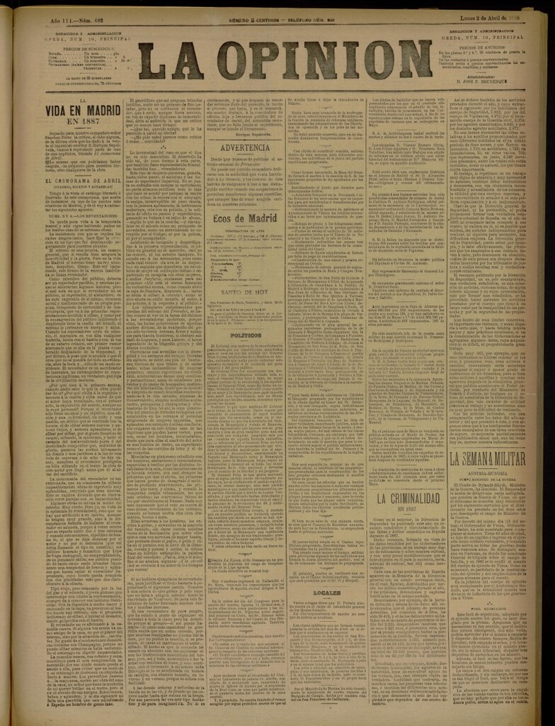 Miniatura de La Opinión del 2 de abril de 1888, nº 682