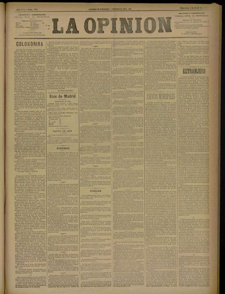 Miniatura de La Opinión del 4 de abril de 1888, nº 684