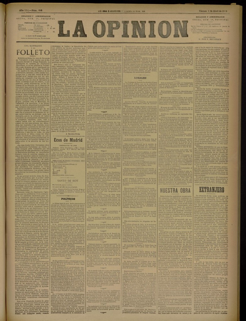 Miniatura de La Opinión del 6 de abril de 1888, nº 686